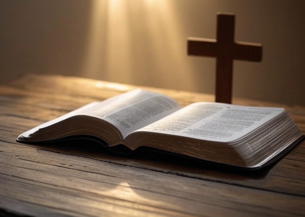 Open Bible with cross and light