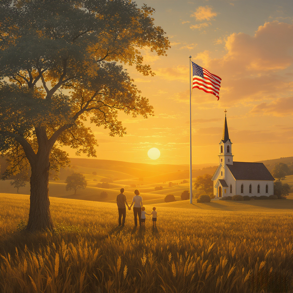 A serene illustration of an American small-town at sunset, featuring rolling farmlands, a white-steepled church, and a distant flagpole with the American flag. A silhouetted family holds hands in the foreground, with golden light filtering through oak trees, rendered in a realistic, painterly style to evoke nostalgia and faith.