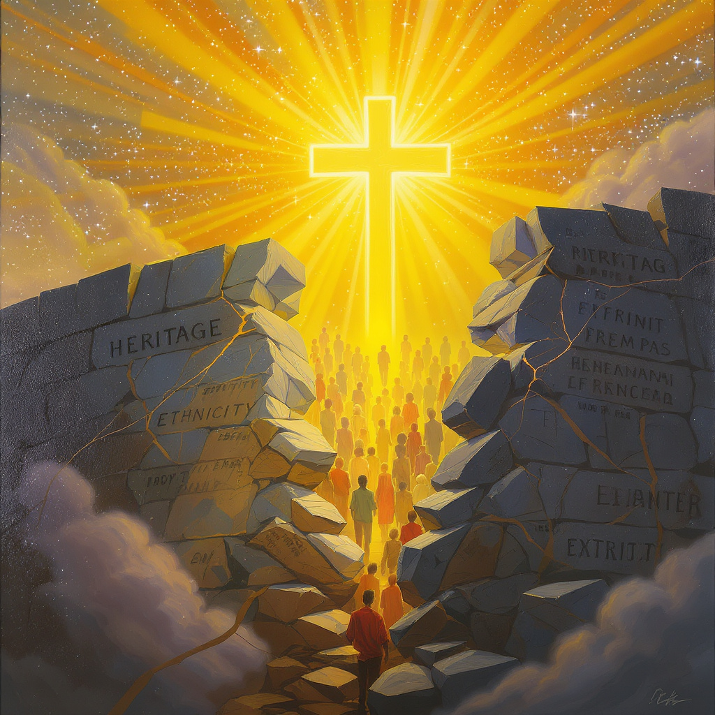 A digital painting depicts a diverse group of people from various ethnic backgrounds standing together under a starry sky, bathed in radiant light. In the foreground, a stone wall engraved with “heritage” and “ethnicity” crumbles, revealing a glowing cross in the background, symbolizing gospel unity. The scene conveys hope and heavenly citizenship.