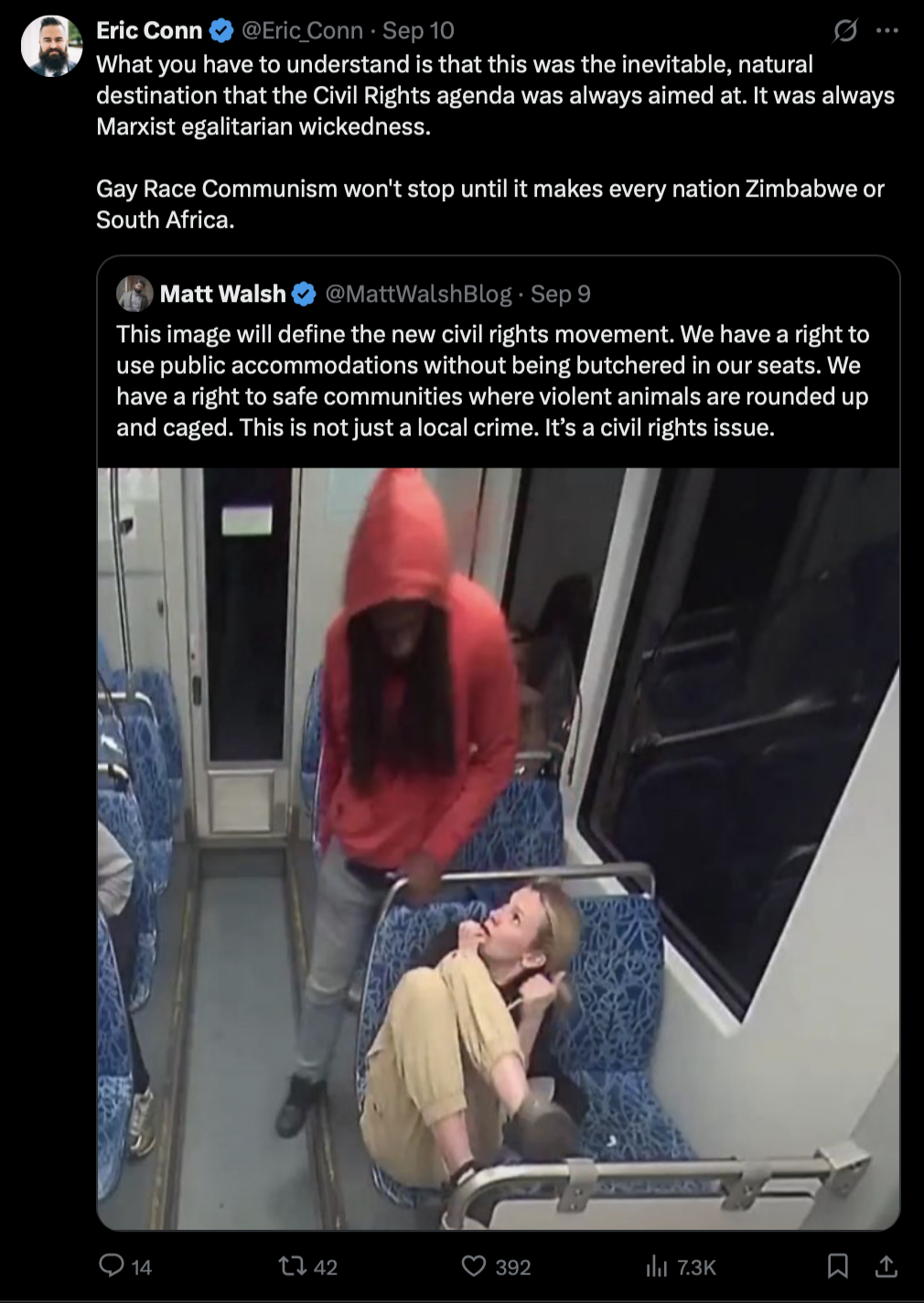 X post from Eric Conn saying 'What you have to understand is that this was the inevitable, natural destination that the Civil Rights agenda was always aimed at. It was always Marxist egalitarian wickedness. Gay Race Communism won't stop until it makes every nation Zimbabwe or South Africa.'