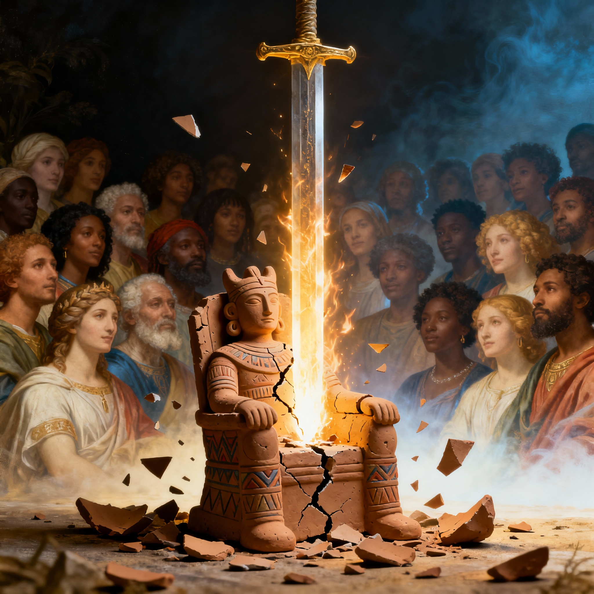Symbolic image of a cracked tribal throne idol breaking apart under a divine sword, unveiling a radiant, diverse multitude of all nations united in worship, illustrating biblical justice shattering ethnic barriers.