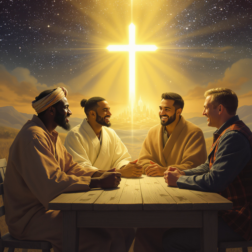 A digital illustration shows four men from diverse ethnic backgrounds, wearing culturally distinct clothing, sitting around a wooden table in warm light, engaged in joyful conversation. A faint, glowing cross hovers above, blending their shadows into one, with a starry sky and ethereal city in the background, symbolizing gospel unity and heavenly citizenship.