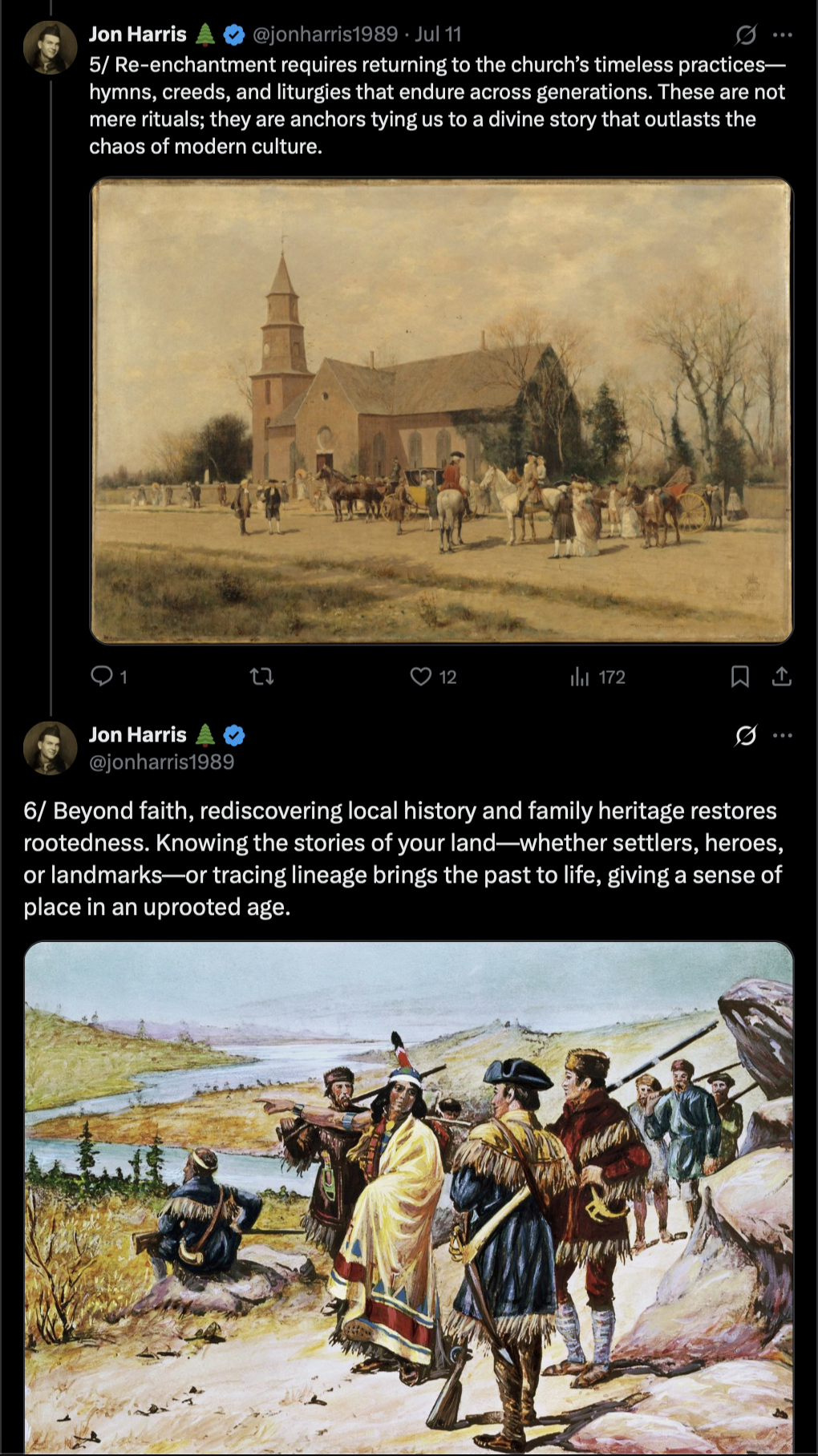 X post from Jon Harris saying 'Beyond faith, rediscovering local history and family heritage restores rootedness. Knowing the stories of your land—whether settlers, heroes, or landmarks—or tracing lineage brings the past to life, giving a sense of place in an uprooted age.'