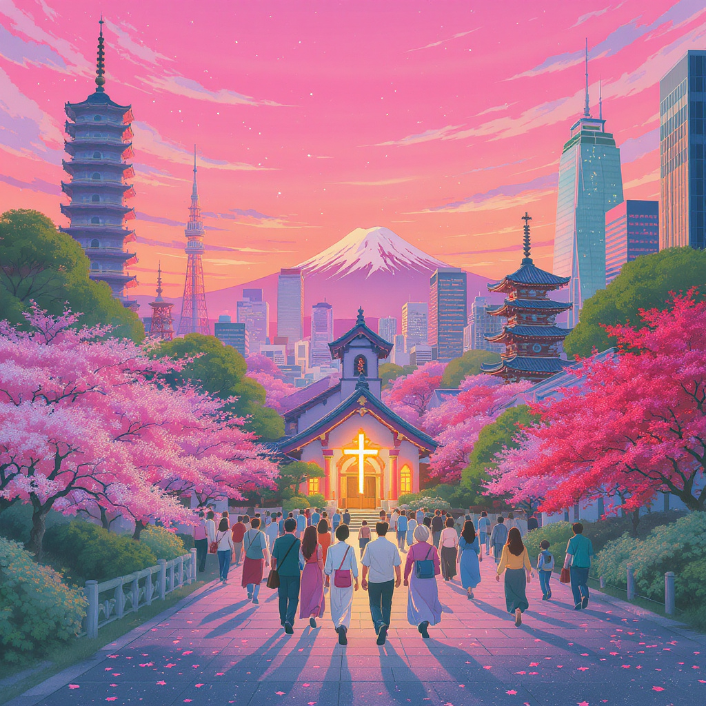 A vibrant illustration of a Japanese cityscape at dawn, with cherry blossom trees, a pagoda, and modern buildings under a pink sky. A diverse group of people walks toward a small church with a glowing cross, holding a Bible, symbolizing the global gospel. The scene uses bright pinks, blues, and greens in a semi-realistic style to evoke unity and mission.