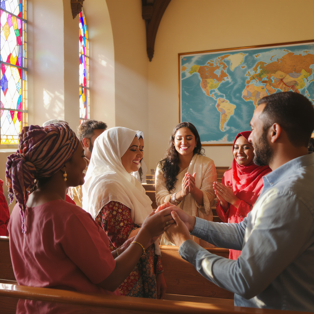 A diverse group of people from different cultures and ethnicities holding hands and praying together in a church, with sunlight streaming through stained glass windows and a world map in the background. A banner with ‘Go ye therefore, and teach all nations’ (Matthew 28:19) hangs prominently, symbolizing global mission and biblical patriotism.