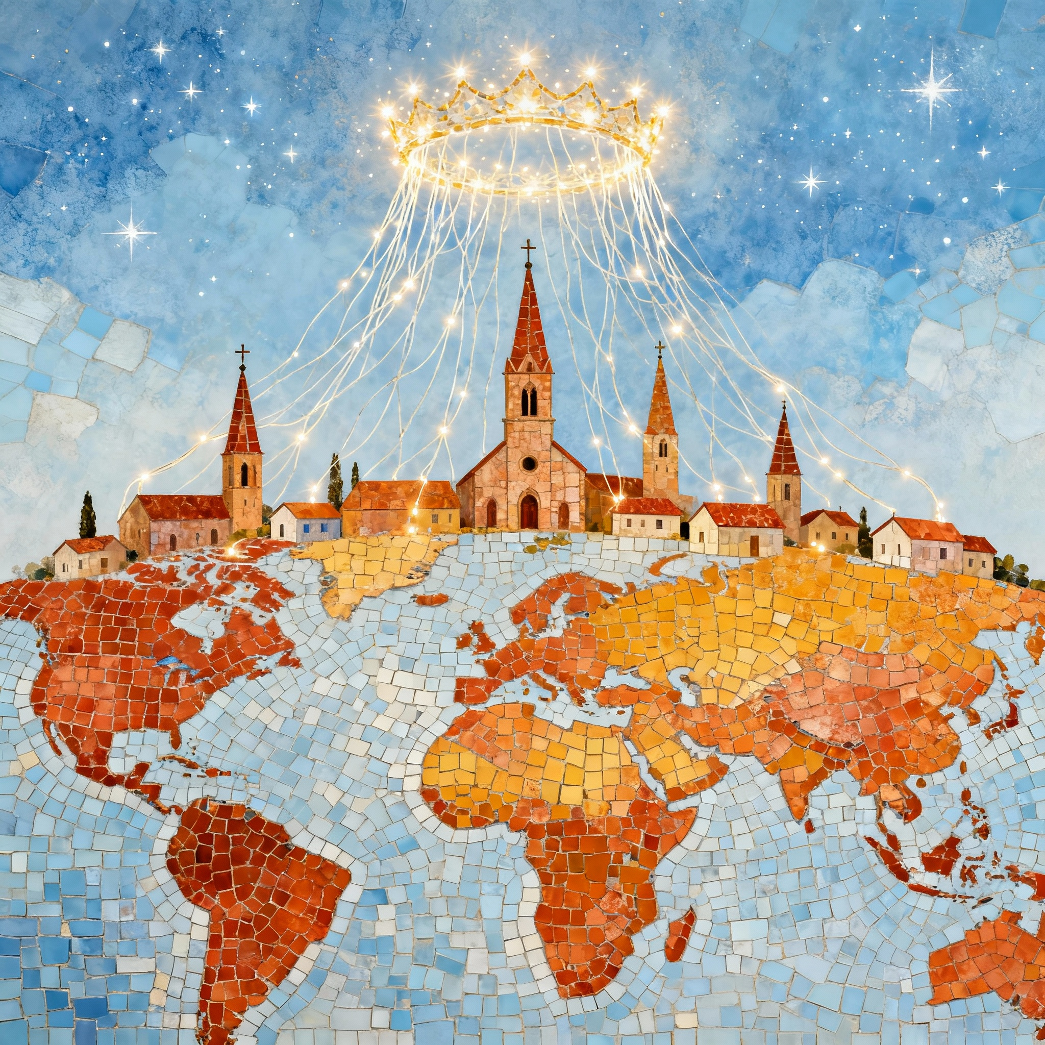 Global mosaic of interconnected churches worldwide under a heavenly crown, evoking the call to heavenly citizenship and gospel unity across nations.