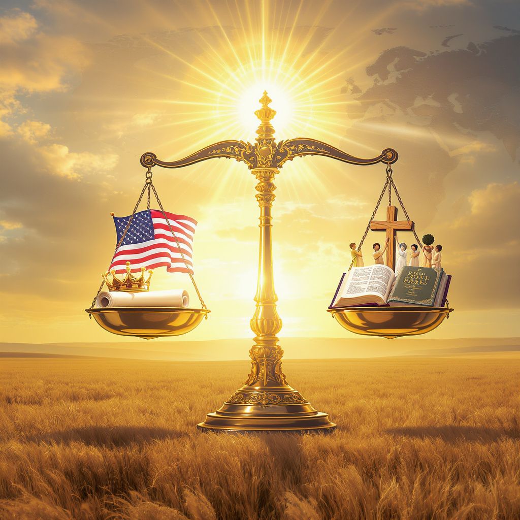 A large, ornate scale balanced perfectly in the center of a vast landscape. One side of the scale holds symbols of earthly governance (a crown, scepter, scroll with laws, and a flag), while the other side holds symbols of divine allegiance (a radiant light, open Bible, wooden cross, and diverse people holding hands in prayer). A golden sunset and world map in the sky symbolize harmony and global unity.