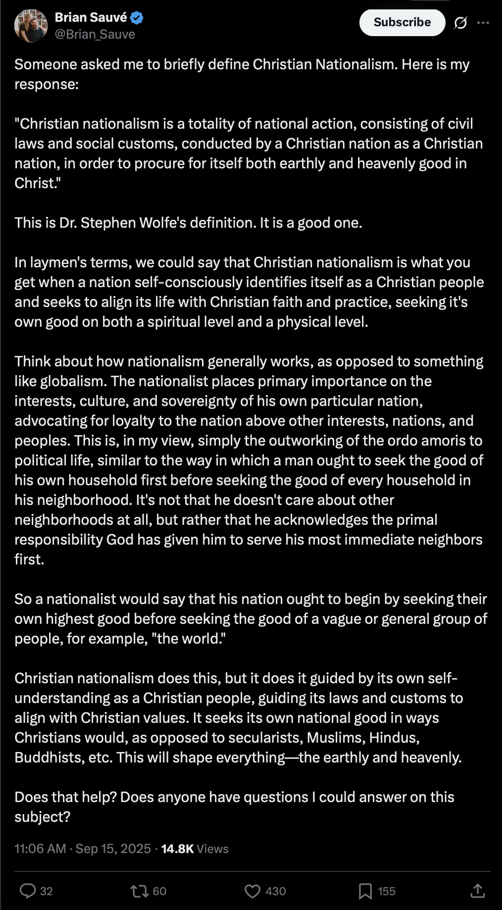 X post from Brian Sauvé including a paragraph saying 'In laymen's terms, we could say that Christian nationalism is what you get when a nation self-consciously identifies itself as a Christian people and seeks to align its life with Christian faith and practice, seeking it's own good on both a spiritual level and a physical level.'