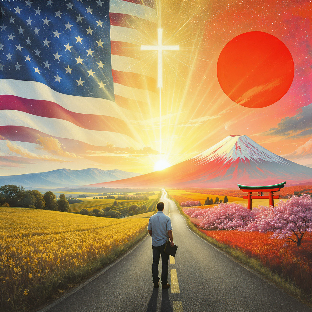 A semi-abstract illustration depicts a person standing at a crossroads between an American landscape with farmlands, mountains, and a flag, and a Japanese horizon with cherry blossoms, a Shinto gate, and Mount Fuji. A golden sky with subtle cross imagery glows above, symbolizing heavenly citizenship. The person holds a Bible, gazing upward, with a path stretching toward the horizon, rendered in warm blues, golds, and reds in a painterly style.