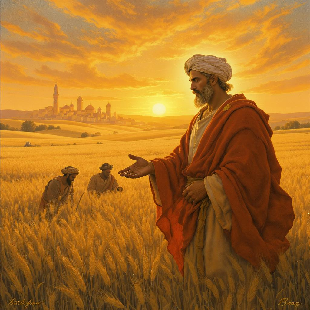 Boaz in wheat field, exemplifying biblical masculinity and leadership.
