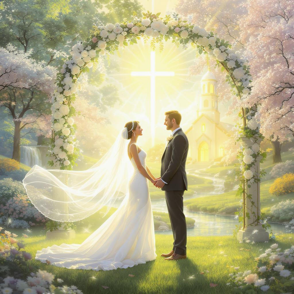 Bride and groom with church, symbolizing complementarianism and the gospel.