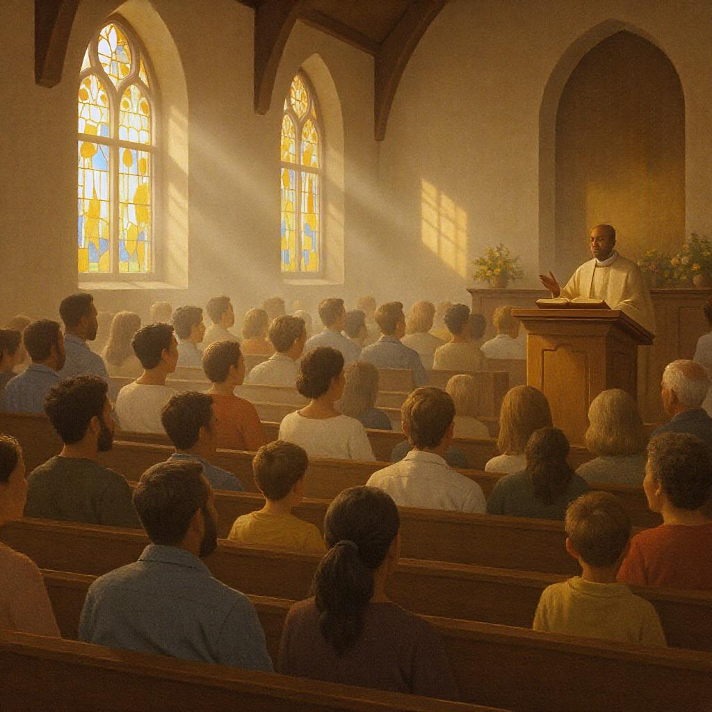 Church congregation with pastor at pulpit, reflecting debate on biblical gender roles.