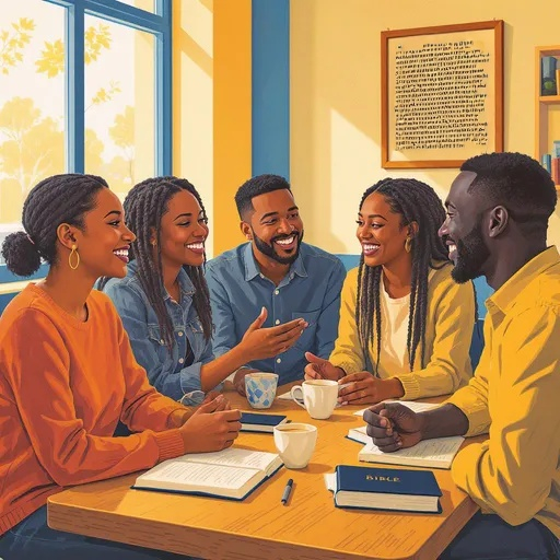 Christians in coffee shop discussing biblical gender roles, inviting engagement.