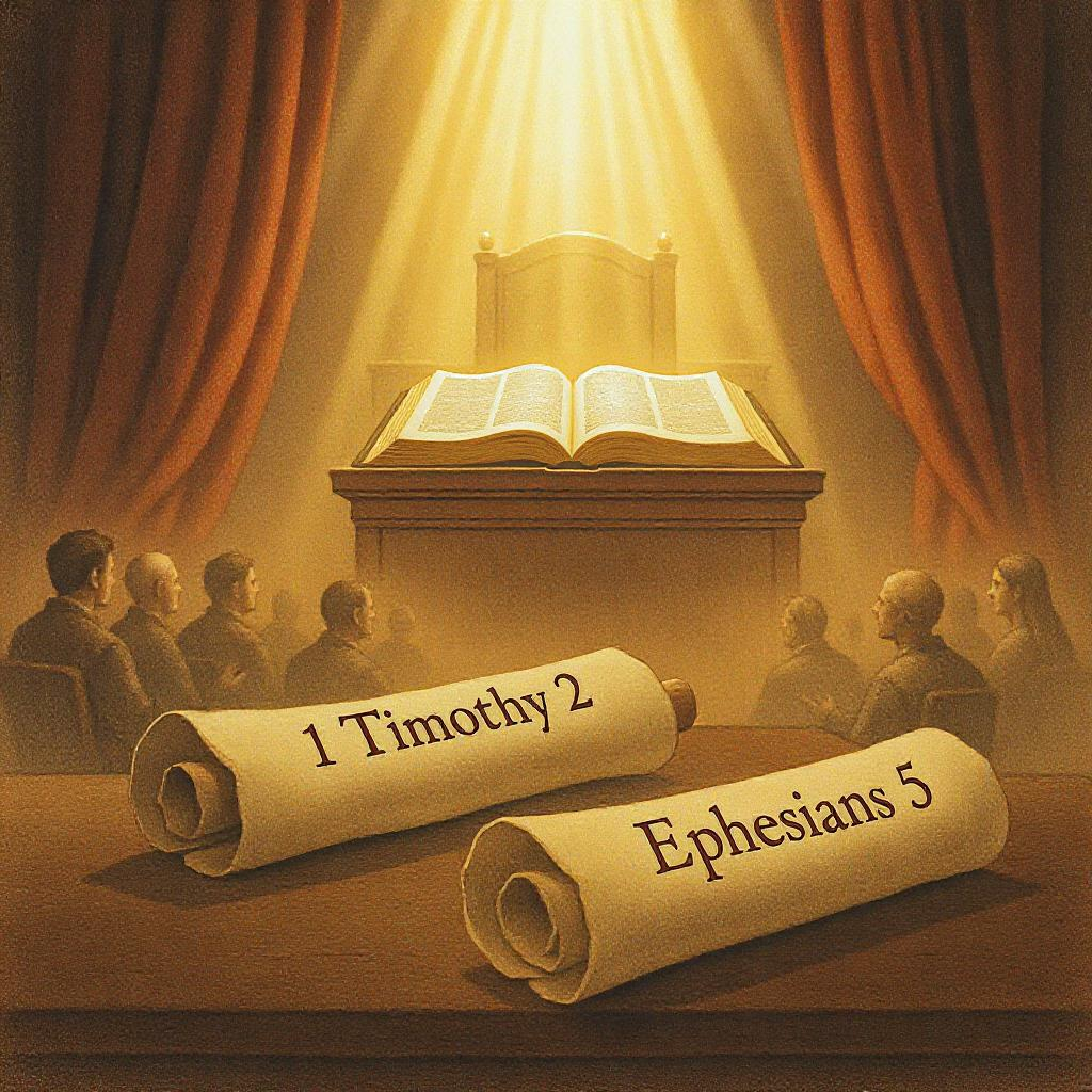 Bible on judge’s bench with scrolls, symbolizing Scripture’s authority in gender roles.