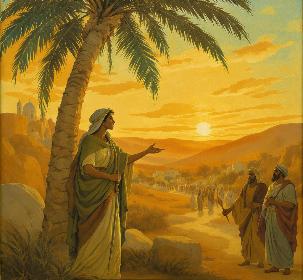 Deborah under palm tree, leading with wisdom in biblical complementarianism.