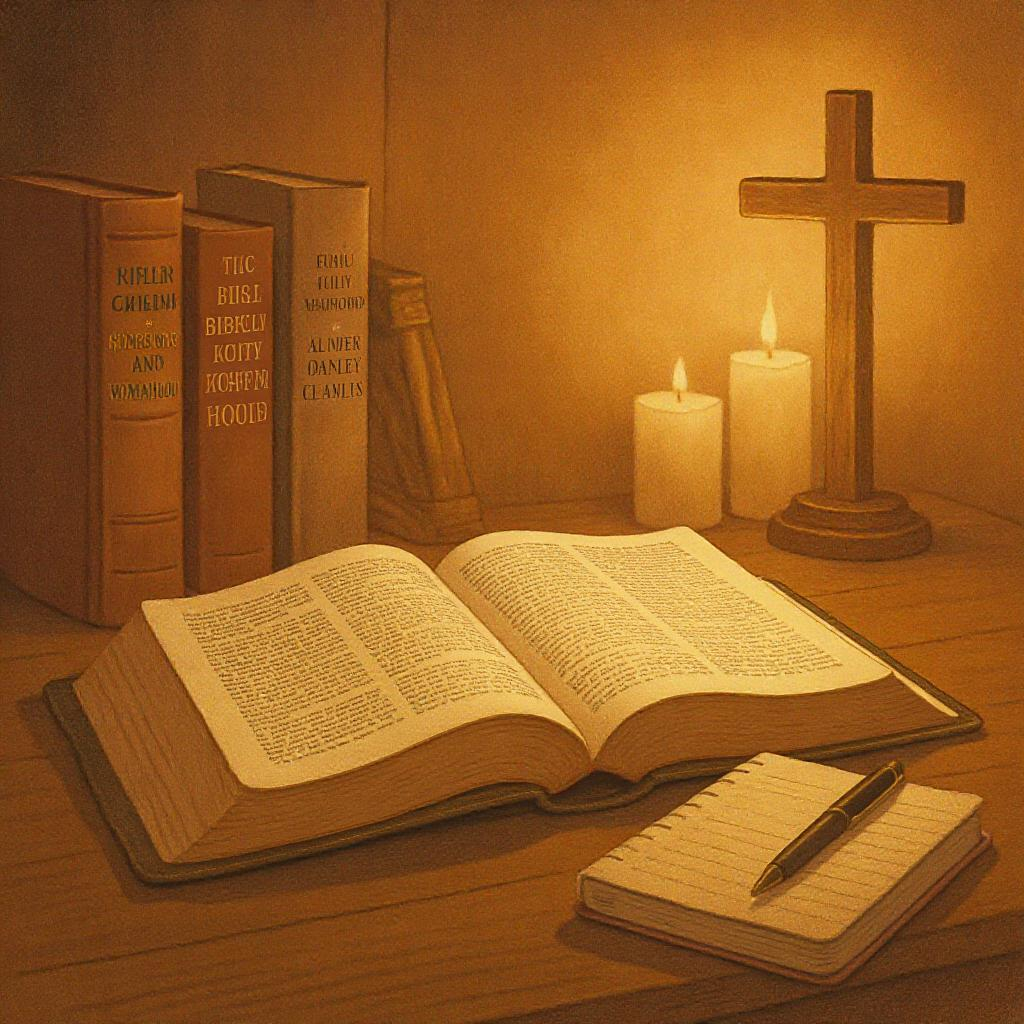 Desk with Bible and books, offering resources for studying complementarianism.