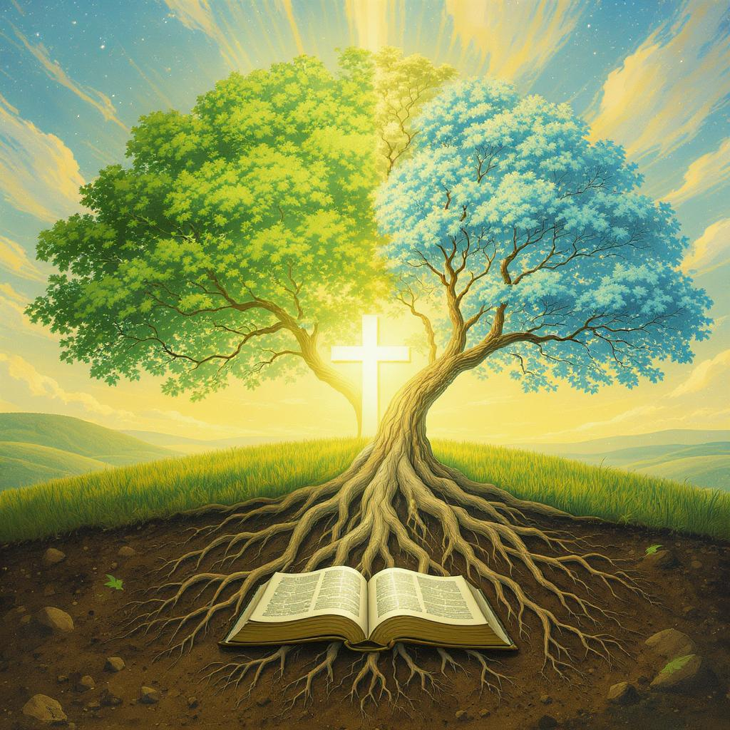 Two trees with intertwined roots under Bible, symbolizing complementarianism vs. egalitarianism.