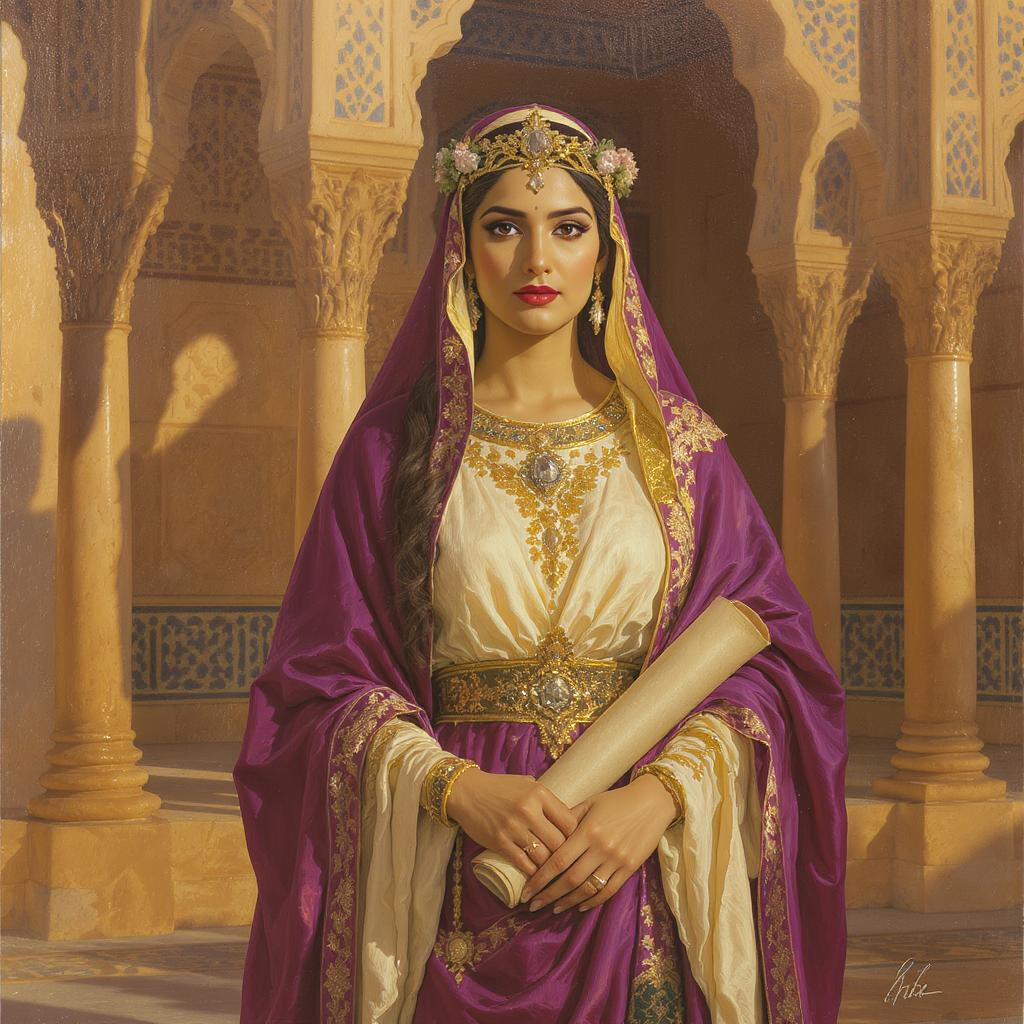 Esther with scroll in palace, embodying wisdom in biblical femininity.