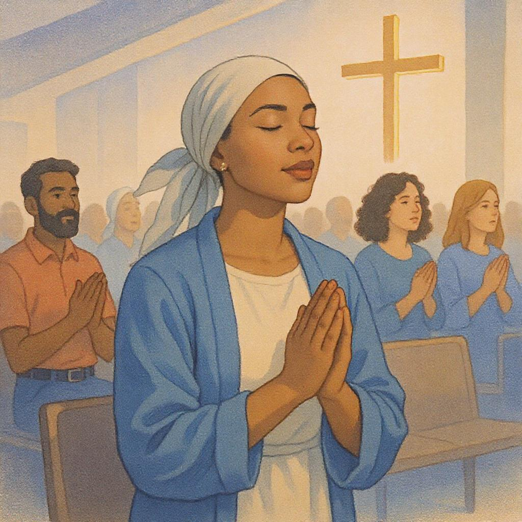 Woman with head covering in church, serving in complementarian roles.