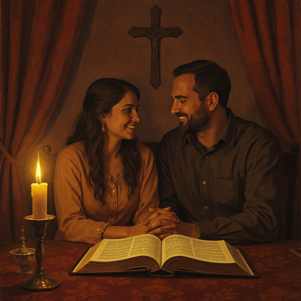Husband and wife with Bible, reflecting complementarian marriage roles.