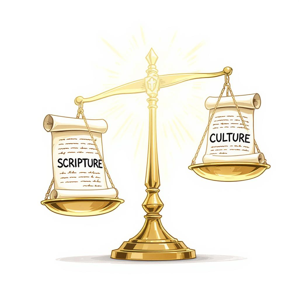 Balance scale with Scripture outweighing culture, emphasizing biblical gender roles.