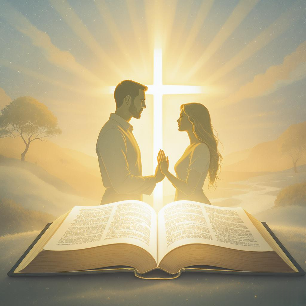 Silhouette of man and woman with open Bible and cross, symbolizing complementarian gender roles in God’s design.
