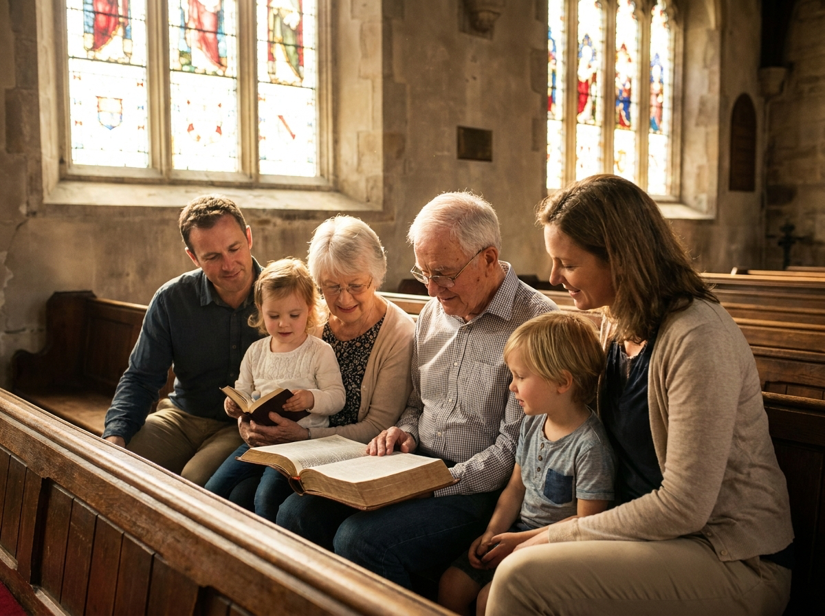 Multi-generational Christian family reading the Bible together in church, representing honor across ages