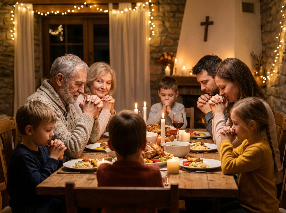 Three generations of a Christian family praying together at dinner, modeling forgiveness and multi-generational faithfulness