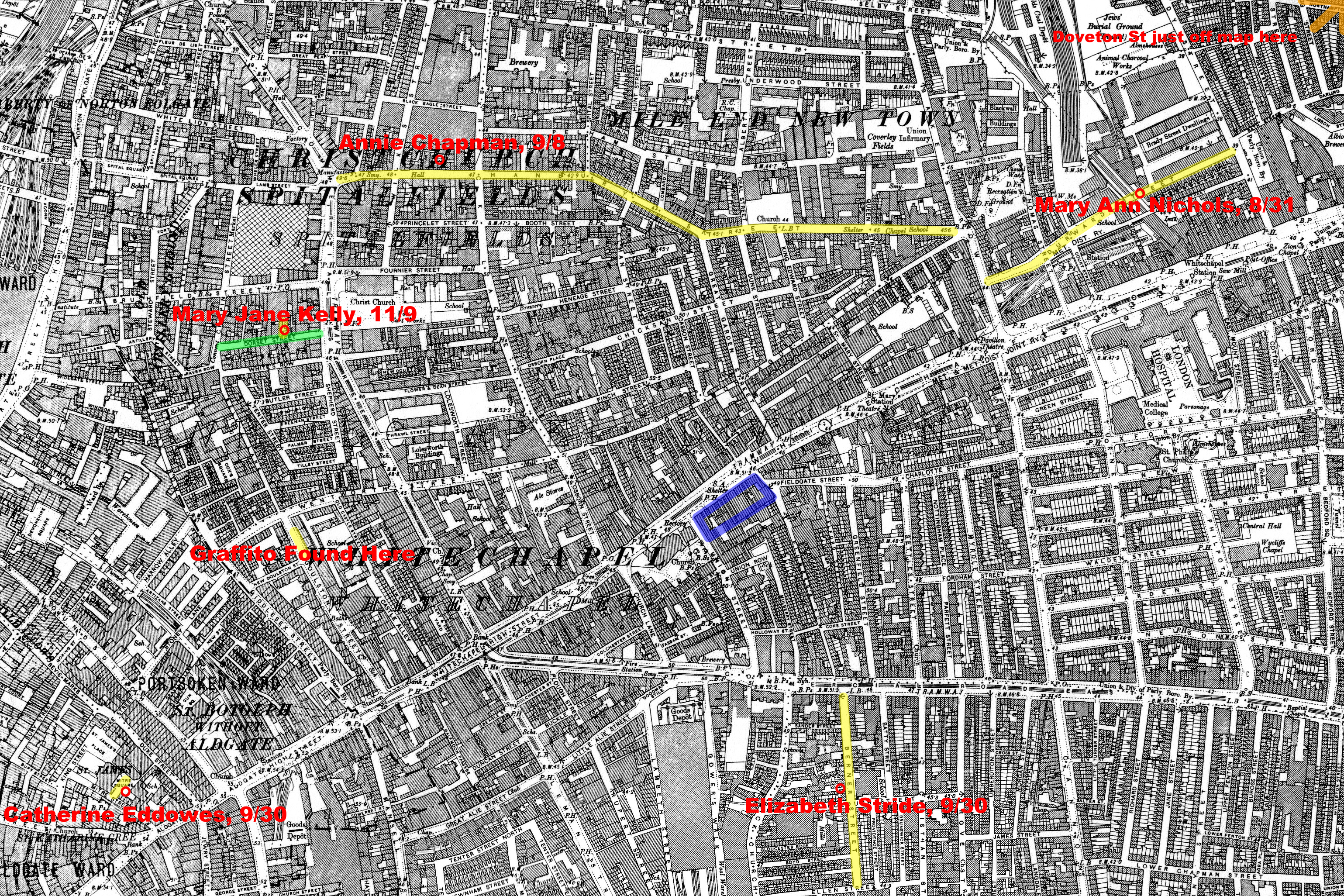 An annotated map of Whitechapel, London