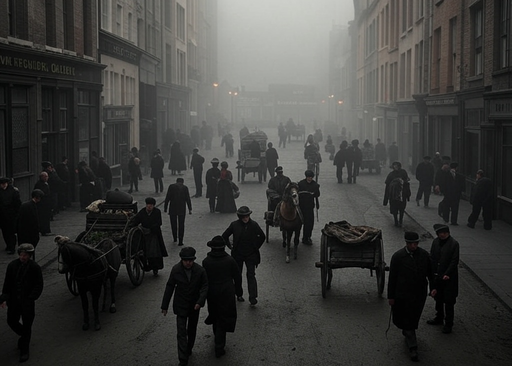 A picture of a crowded street lit wih gas lamps in 1888