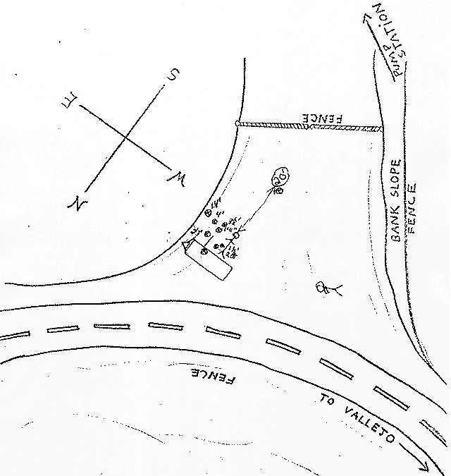 Detailed police drawing of the crime scene at Lake Herman Road, illustrating the Rambler facing east, nine shell casings in an arc, and the positions of David Faraday and Betty Lou Jensen’s bodies.