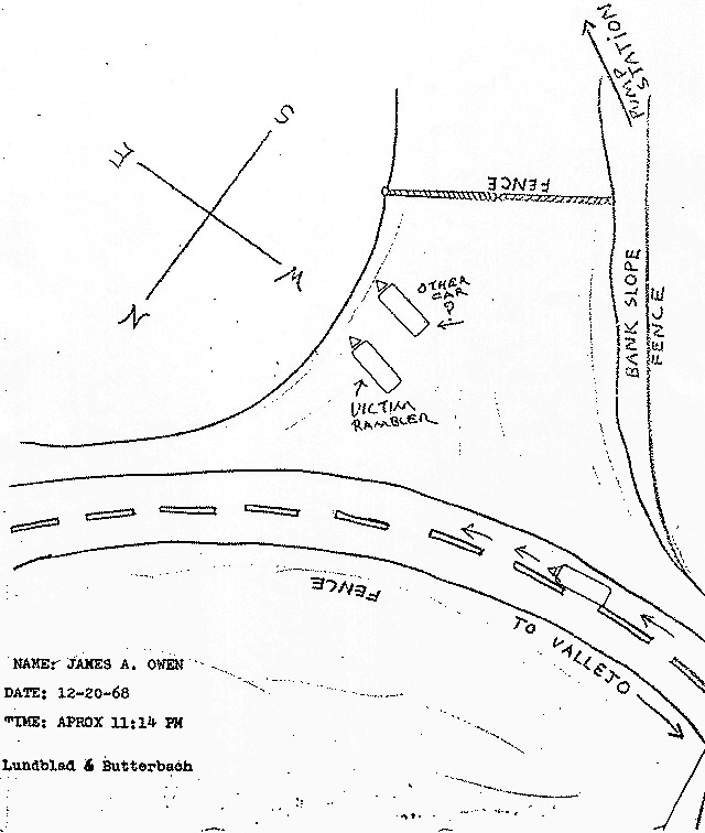 Black and white police sketch, created with James Owen’s input, depicting the Rambler car facing east and a second car at the Gate 10 turnout, Lake Herman Road.