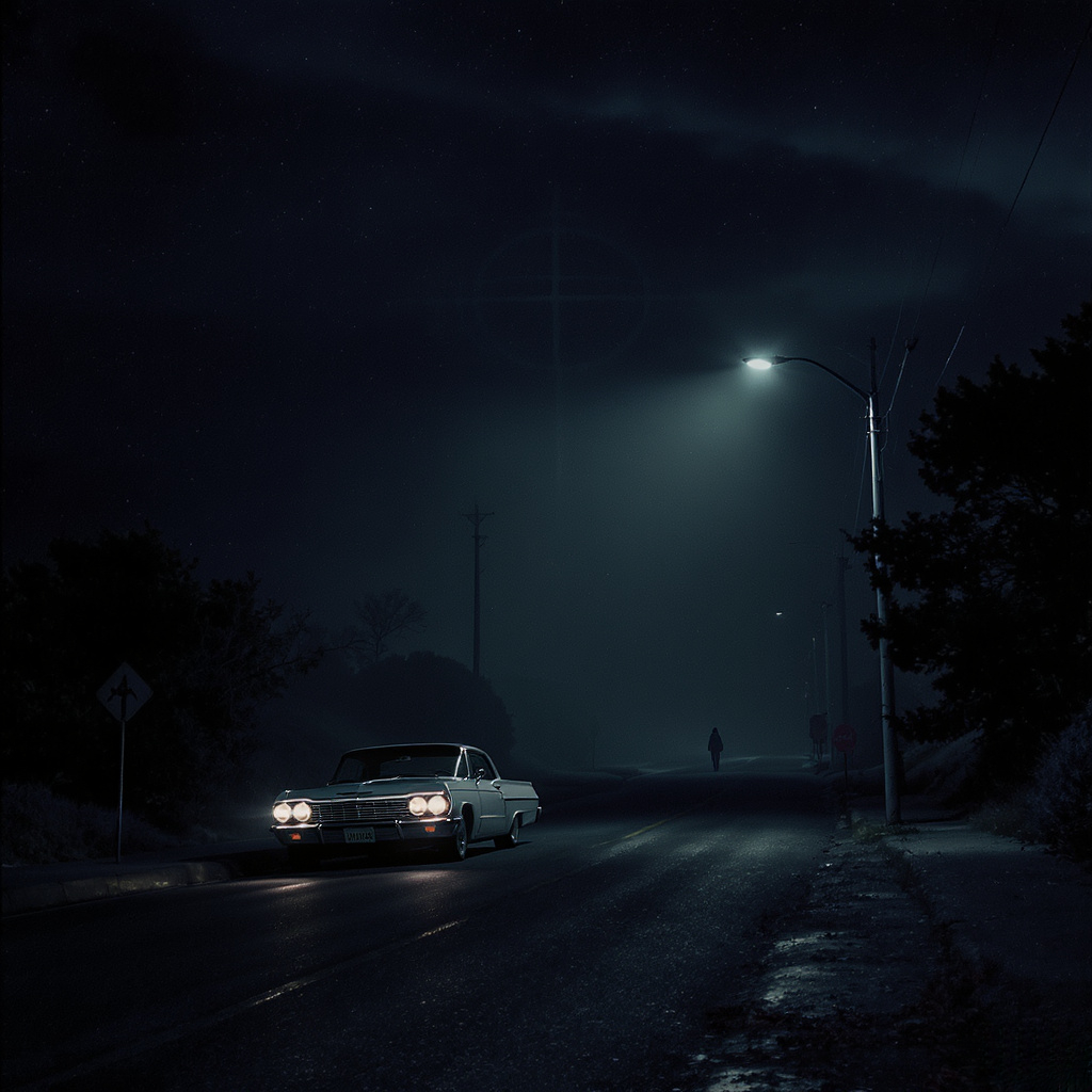 A noir-style 1960s Vallejo road at night with a white Chevy Impala under a streetlight, fog, and the Zodiac’s crosshair symbol on a sign.