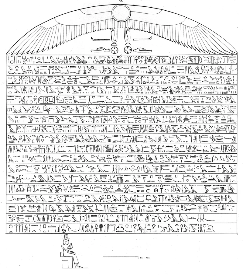 A black-and-white line drawing records the rounded Tombos Stela with a large winged sun disk above many horizontal rows of hieroglyphs and a small seated figure beneath the inscription.