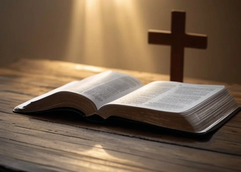 Open Bible with cross and light