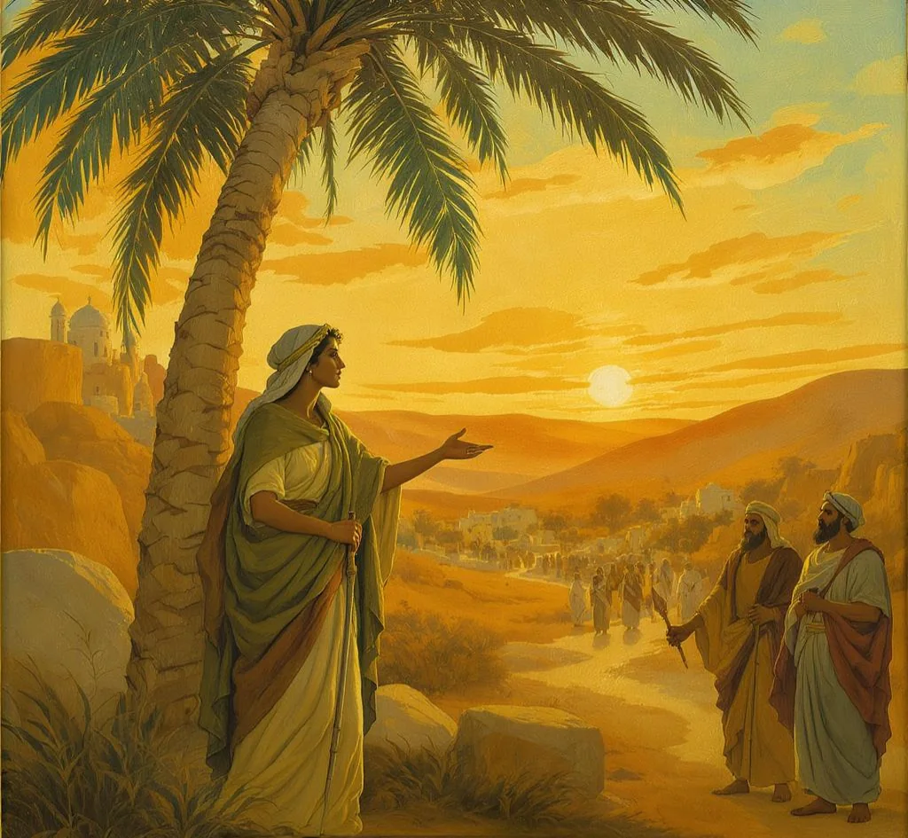 Deborah under palm tree, leading with wisdom in biblical complementarianism.