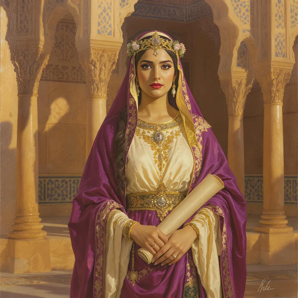 Esther with scroll in palace, embodying wisdom in biblical femininity.