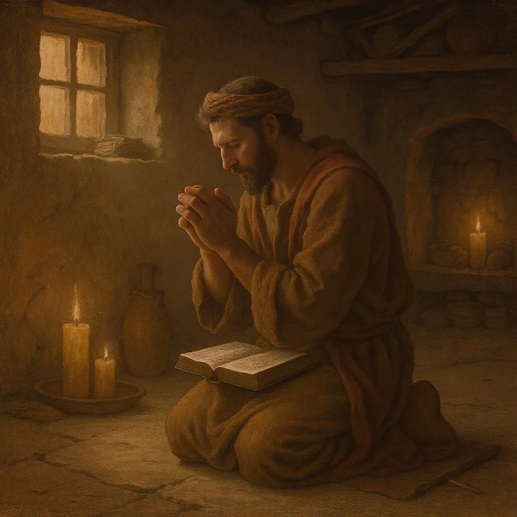 Man praying with Bible, symbolizing servant leadership in biblical masculinity.