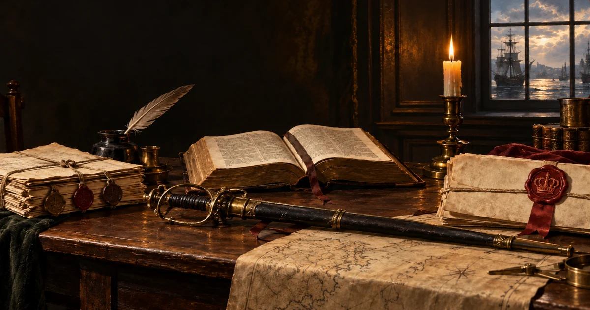 An open Bible, sealed public papers, and a sheathed smallsword lie on an eighteenth-century writing table beside a map and candle, with ships visible through the window.