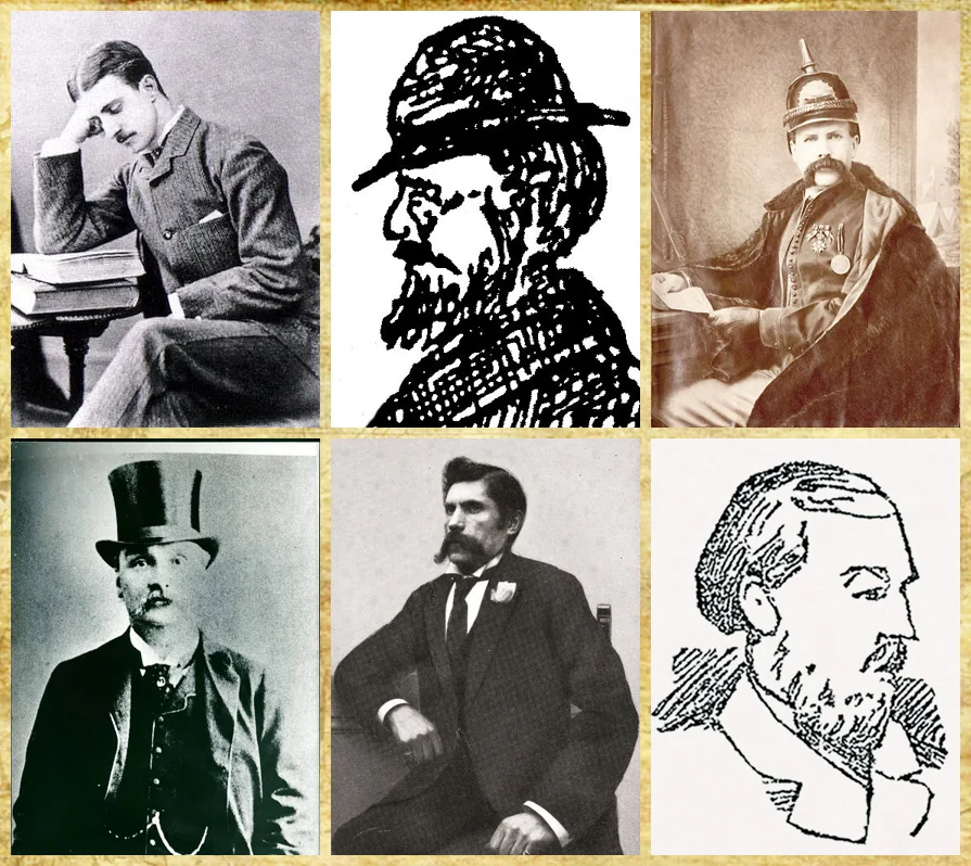 A 2x3 image collage with a vintage border. Top left shows a black-and-white photo of Montague John Druitt, a man resting his head on his hand with books nearby. Top center features a sketch of