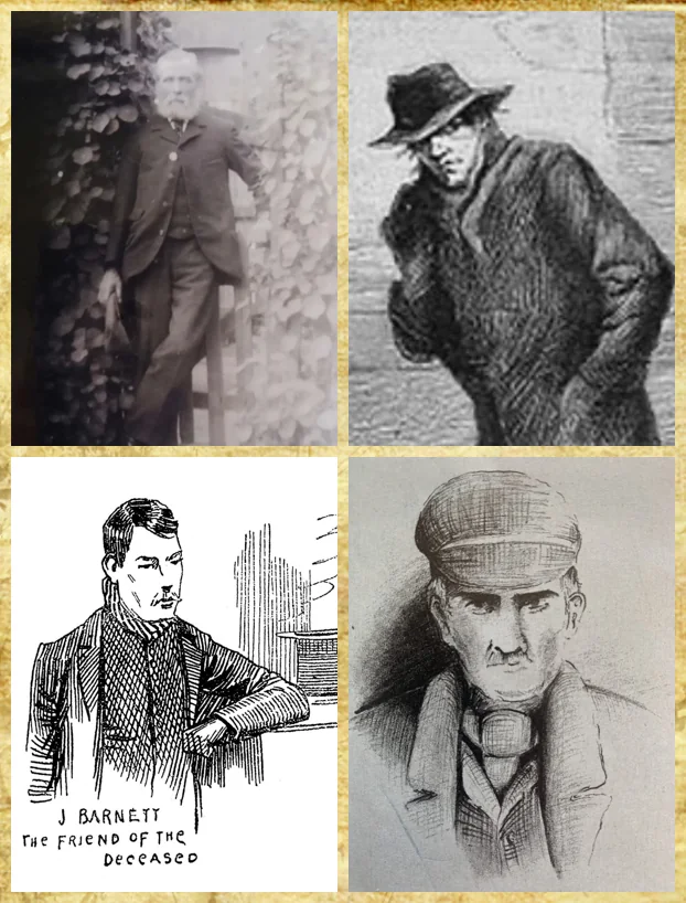 A 2x2 image collage with a vintage border. Top left shows a black-and-white photo of Charles Lechmere, an older man in a suit leaning against a wall with foliage. Top right depicts an artistic rendering of Aaron Kosminski, a man in a hat and coat with hands in pockets. Bottom left features a sketch of Joseph Barnett, labeled