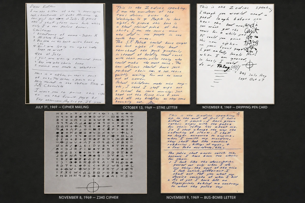 Archival collage of five Zodiac correspondence items, including the July 31 cipher mailing, the Stine letter, the Dripping Pen card, the Z340 cipher, and the bus-bomb letter.