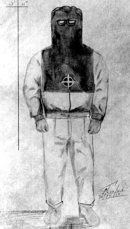 Police-style sketch of the Lake Berryessa attacker wearing a black hood, clip-on sunglasses, and a white crossed-circle symbol on the chest.