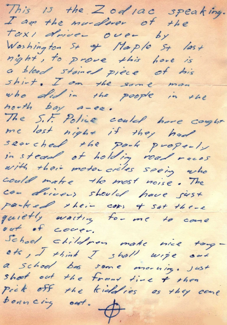 Scan of the October 1969 Zodiac letter claiming Paul Stine’s murder and stating that a bloodstained piece of his shirt was enclosed.