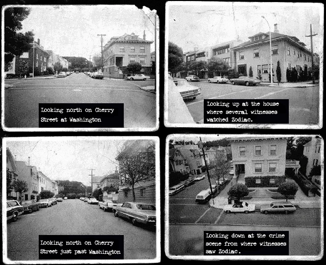 Four black-and-white photographs showing Washington and Cherry Streets, the nearby witness house, and views along Cherry Street at the Paul Stine crime scene.